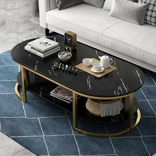 RIZIK STORE® Coffee Table – Modern 2-Tier Center Table with Engineered Wooden Top & Gold Metal Frame, Stylish Living Room Sofa Table, Elegant Cocktail Table for Home, Office, Dining (Black)