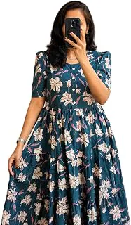 M.Y. STOREWomen's Rayon A-Line Midi Dress, Floral Print, Short Sleeves, Tiered Design, Round Neck, for Summer Wear