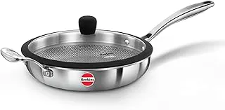 Hawkins 26 cm Triply Stainless Steel Pro Frying Pan | Induction & Gas Compatible | No Burning | Even Heating | with Glass Lid | Silver (PSNF26G)|Induction and Gas Stove Compatible Stainless Steel