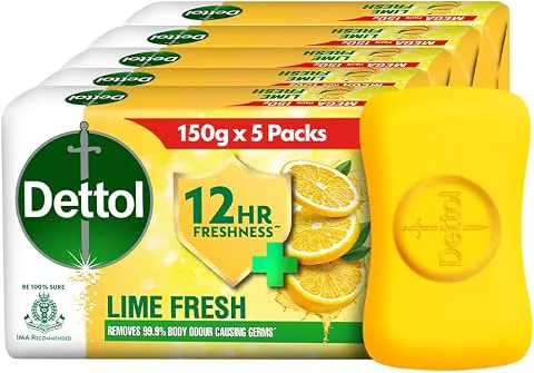 Dettol Lime Fresh (Lime Cool) Bathing Soap Bar with 12hr Freshness (750gm) |Long Lasting Freshness, 150gm Pack of 5 (3308672) Odor Control