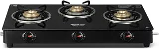 Prestige Iris 3 Burner Gas Stove | Toughened Glass Top | Tri-Pin Brass Burners | Ergonomic Knob | Black | 2Y Warranty | ISI Certified
