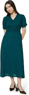 Amazon Brand - SymbolWomen's V-Neck Midi Dress | Ruched Waist, Puff Sleeves, A-Line Flared (Available in Plus Sizes)