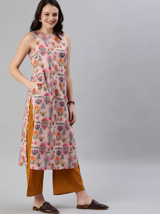 Anouk Women Pink & Mustard Yellow Printed Straight Kurta