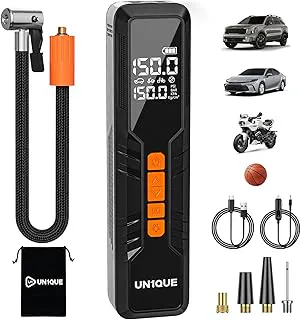 UN1QUE Cordless Tyre Inflator for Car, Air Compressor with 6000 mAh Battery & DC Cord|150 PSI |Dual Values Display | Smart Preset Modes Air Pump, Suitable for Car, Motorcycle, Cycle,Black