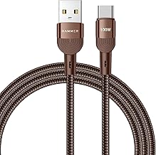 HAMMER 100W 5A USB to Type-C for OnePlus with WARP/VOOC/FLASH support, Super Fast Charging Cable,1.2M Nylon Braided,Tangle free,480Mbps Data Transfer, supports OPPO (Brown)