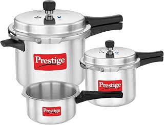 Prestige 2 Litre + 3 Litre + 5 Litre Aluminium Popular Max Outer Lid Pressure Cooker Combo with 2 Lids | Gas & Induction Compatible | Visual Pressure Indicator | Gasket Release Sys | 5Y Warranty | ISI