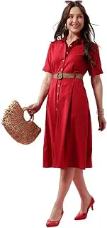FYLTRWomen's Solid Midi Dress - 100% Cotton | Half Sleeve | Western Dress for Women | Office wear Dress (Belt Included)