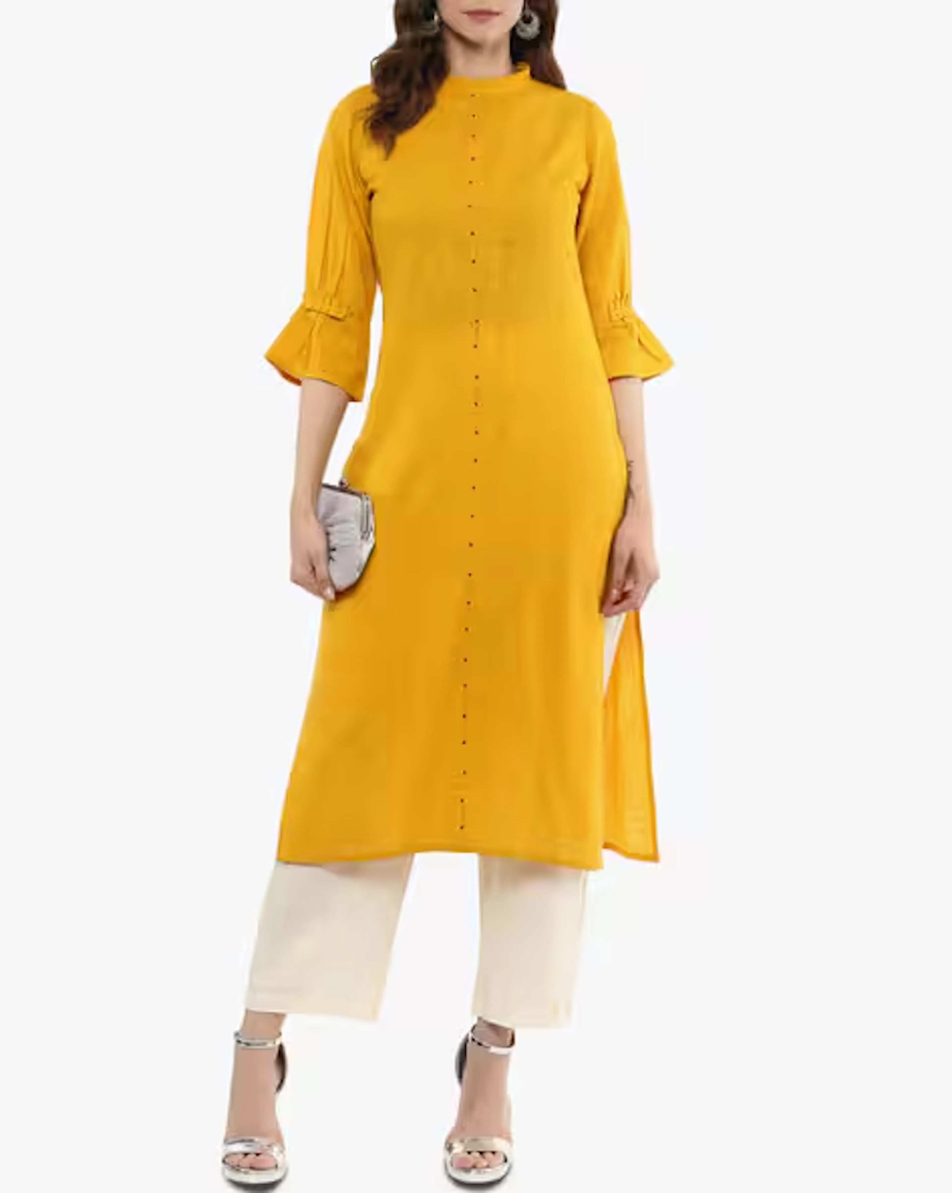 High-Neck Straight Kurta with Bell Sleeves