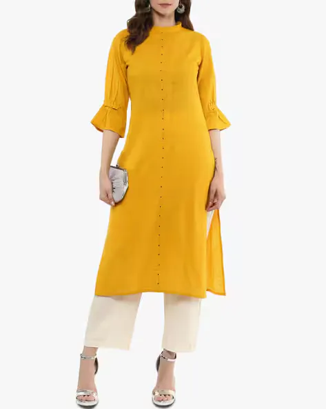 High-Neck Straight Kurta with Bell Sleeves