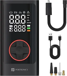 Portronics Vayu 7.0 Tyre Inflator, Full-Size Digital Display, 4000 mAh Battery, 150 PSI Pressure, Preset Modes, Flashlight with SOS, Pressure Detection, for Cars, Bikes, Bicycles & Balls(Black)