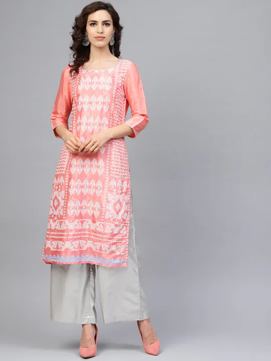 W Women Pink & White Printed Straight Kurta