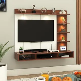 Anikaa Tyron Engineered Wood Wall-Mount TV Unit with PVC Back Panel & LED Lights | TV Cabinet with Storage Box & Decorative Shelves (Walnut) | Ideal for TVs up to 43 Inch | DIY Installation