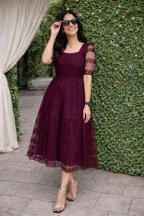 Tantukriti Women Fit and Flare Maroon Below Knee Dress