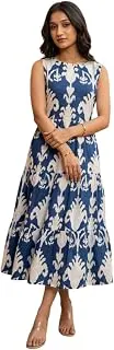 GenericWomen's Sleeveless Maxi Dress, Blue and White Ikat Print, A-Line Tiered Design
