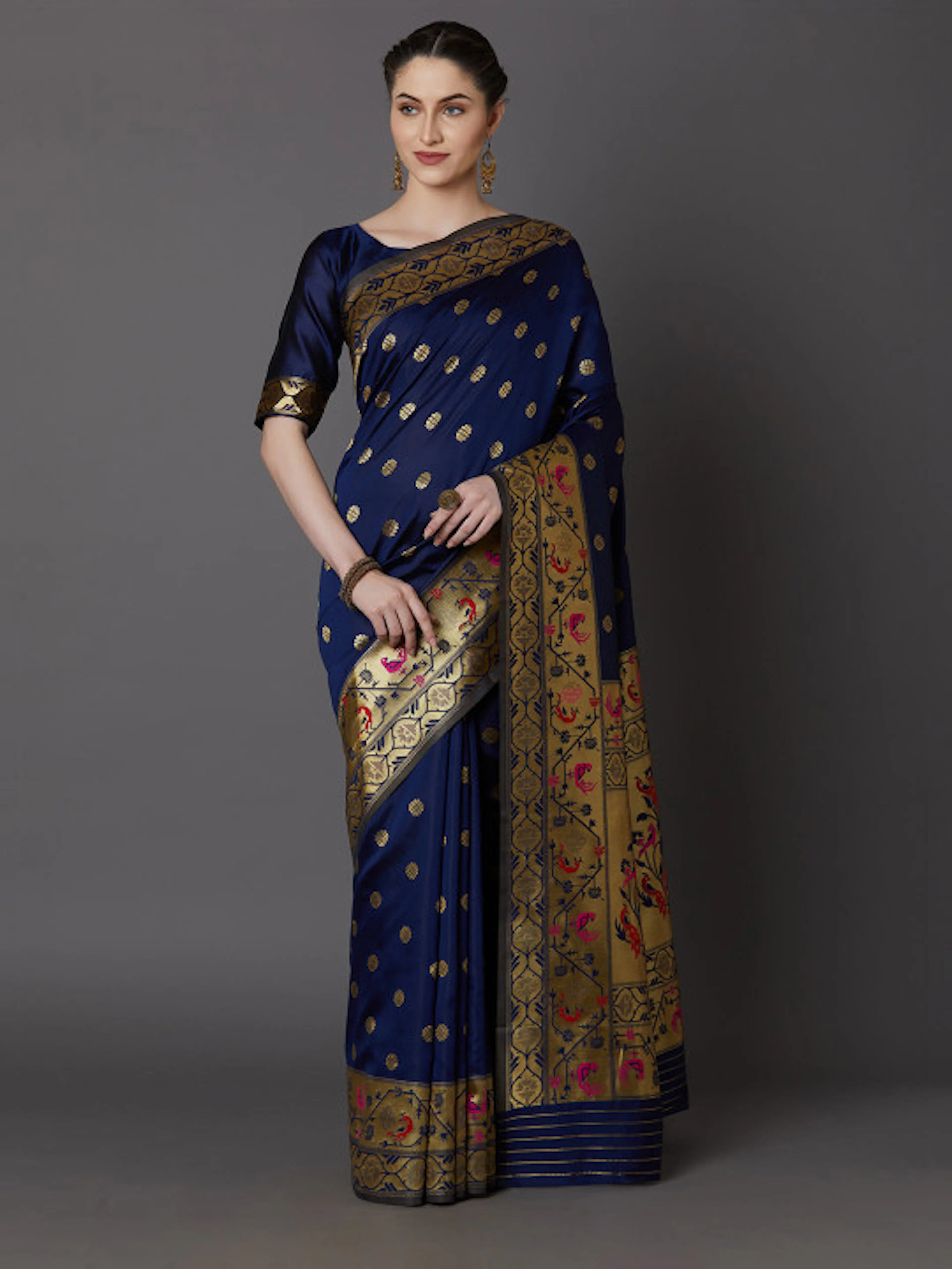 Mitera Navy Blue & Gold-Toned Silk Blend Woven Design Banarasi Saree