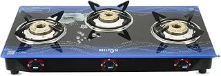 MILTON Premium 3 Burner BLUE Manual Ignition Glass Top Gas Stove, (ISI Certified)