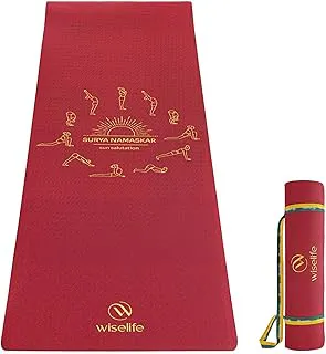 WiseLife Printed Yoga Mat (Indias no 1 Yoga Brand) Strap For Men, Women, Kids | Anti-Slip Extra thick, long & Wide Exercise Sports Mat for Workout, Fitness, Yoga, Gym, Home & Pilates 6MM (Maroon Surya Namaskar)