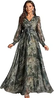 LITZODress for Women || Women’s Printed Wrap Maxi Gown || V‑Neck Long Sleeve Belted Flowy Dress for Parties, Weddings & Evening Events || Lightweight Sheer Layer Western Outfit (T-L-14-16)