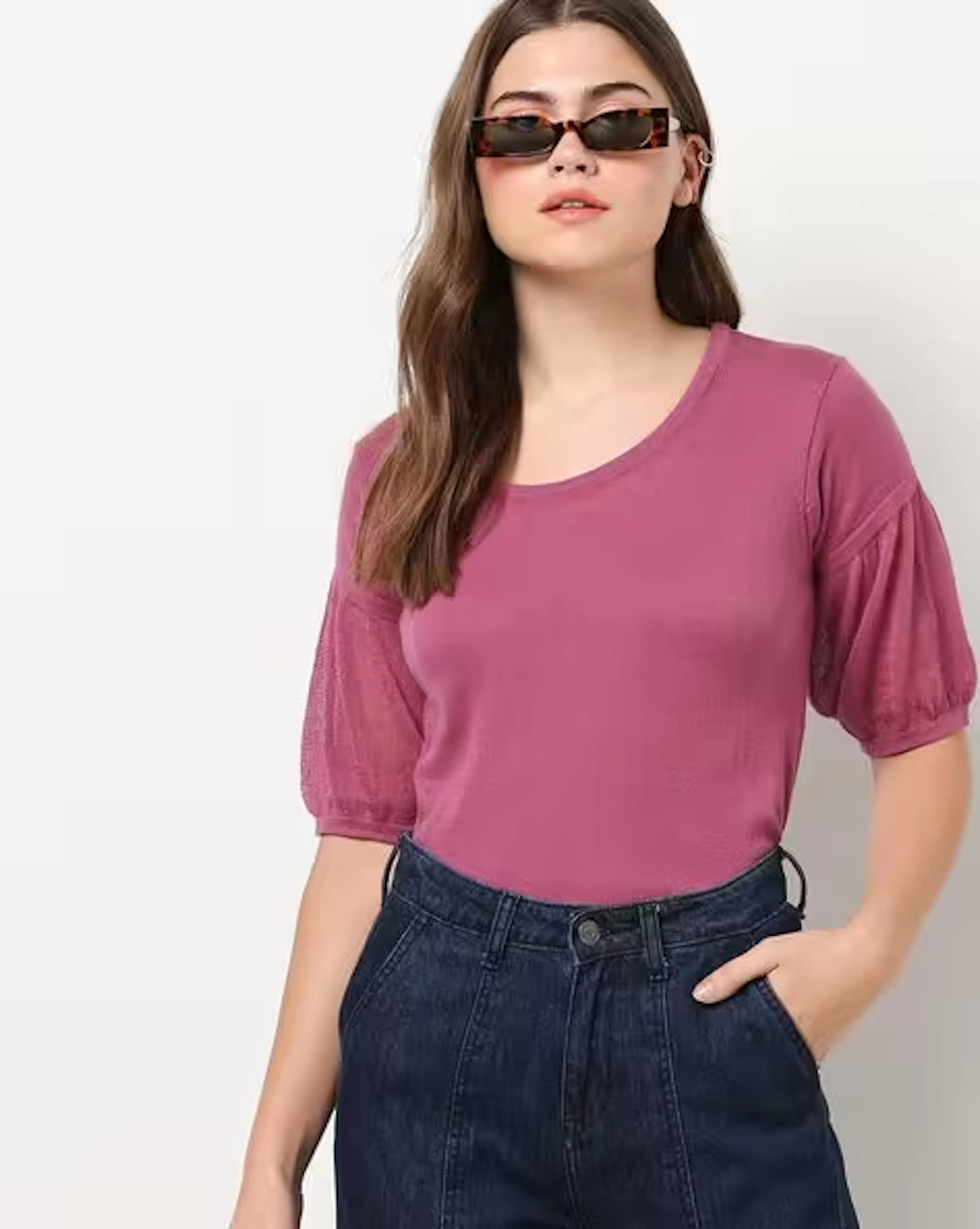 Textured Round-Neck Top with Balloon Sleeves