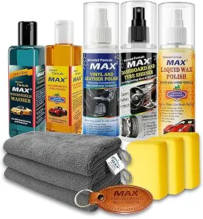 MAX Complete Car Care Kit - ADVANCED (Pack of 5 Items of 200 ML, 3 Pcs Microfiber Cloth 350 GSM, 3 Pcs Foam Applicators and 1 Pc Leather Keychain) for Car Cleaning, Washing, Conditioning and Polishing