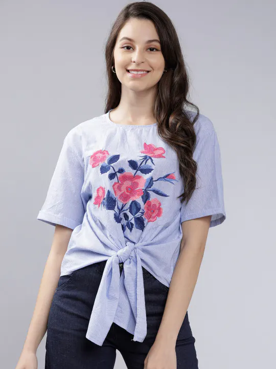 Tokyo Talkies Women Blue Embroidered Boxy Top