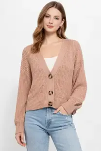Nobarr Woven V Neck Casual Women Pink Sweater