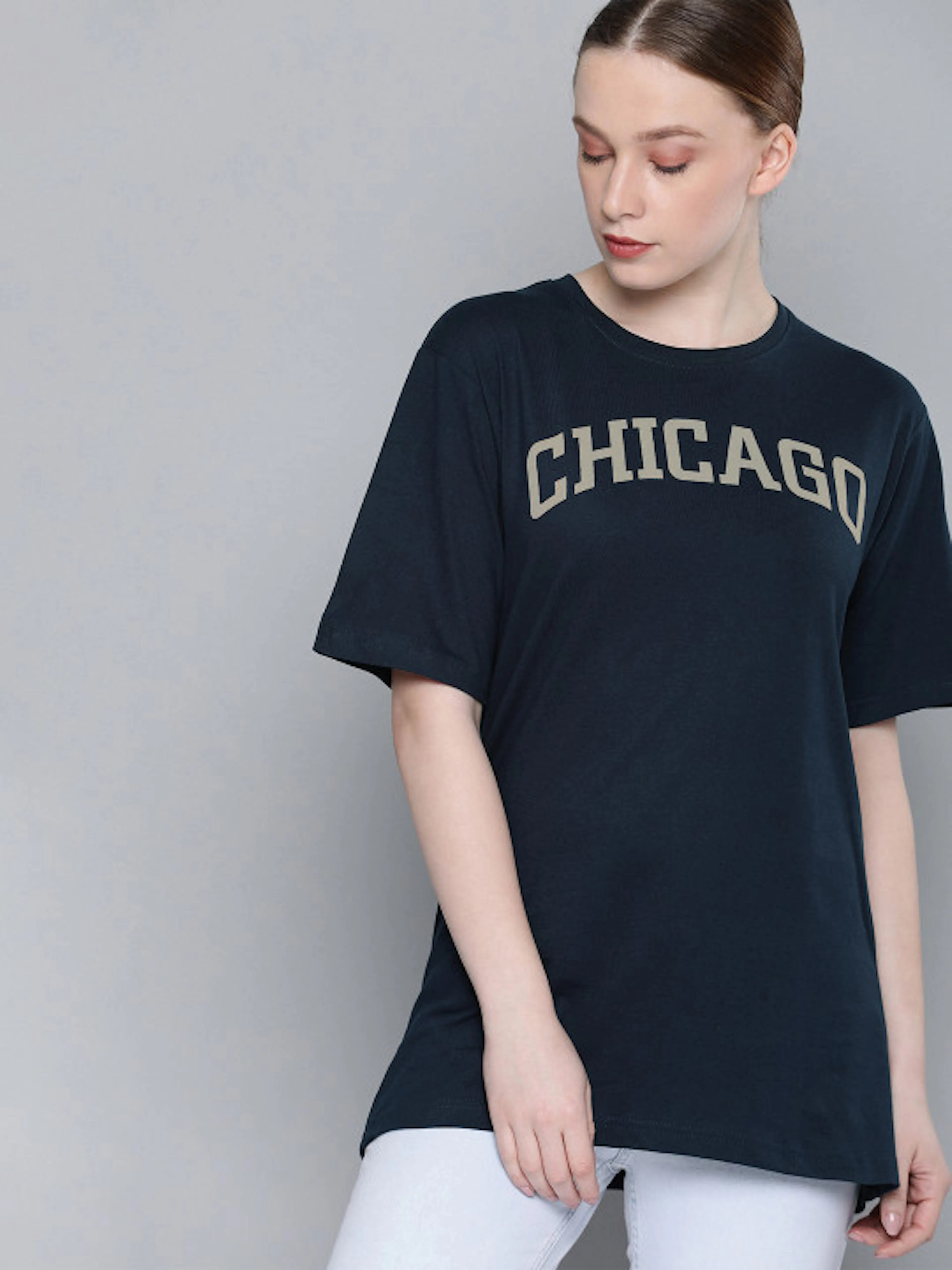 DILLINGER Women Navy Blue Printed Round Neck Longline T-shirt