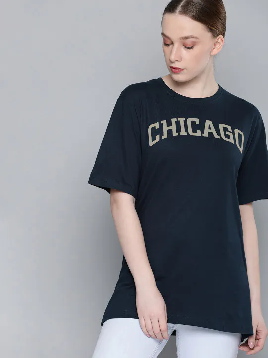 DILLINGER Women Navy Blue Printed Round Neck Longline T-shirt