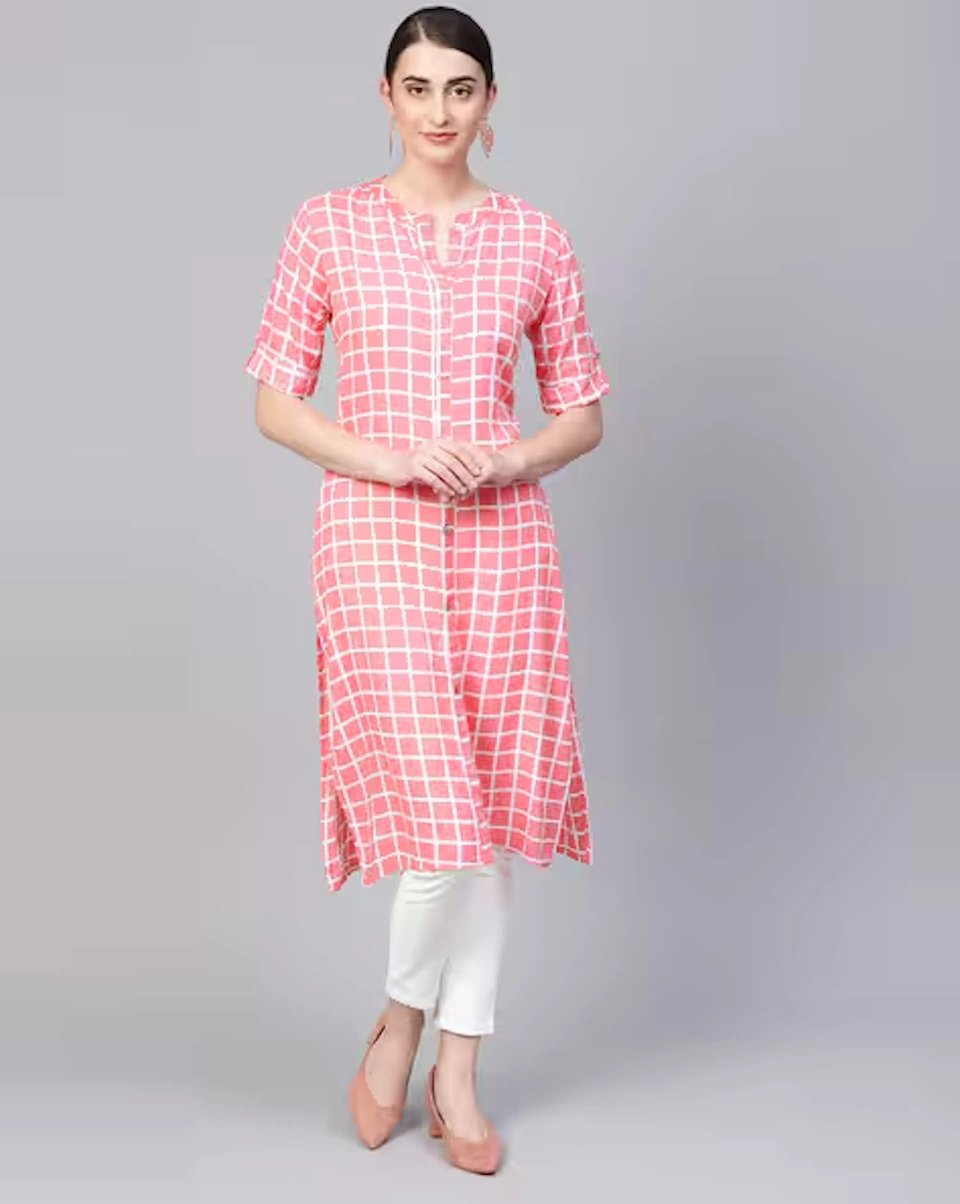 Checked Button-Down Straight Kurta