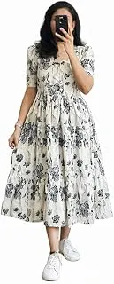 Women's Pure Cotton Maxi Midi Dress Western Dress for Women Elegant Floral Printed Long Dresses | Soft & Breathable Fabric | Casual Trending Dress for Women