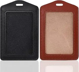 ASV 2 Pack Genuine PU Leather ID Badge Holders, Vertical ID Card Holders with Single-Side Clear Window, Waterproof Name Badge Holde Suit for Office, Staff, Students, Employees