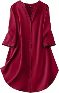 GufrinaWomen's Rayon Top with 3/4th Sleeves Mandarin Collar Neck Solid Pattern A Line Style Knee-Length and Regular Fit