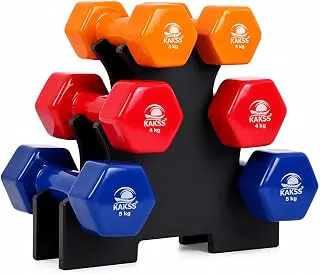 KakssVinyl Dumbbells Set with Stand, 24kg (3kg + 4kg + 5kg Pair), Multicolor Hex Dumbbells with Easy-Grip Coated Finish, Cast Iron Hand Weights for Home Gym Equipment, Strength Training for Men & Women