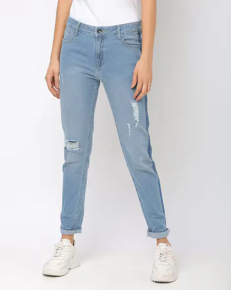 Distressed Skinny Jeans with Contrast Panels