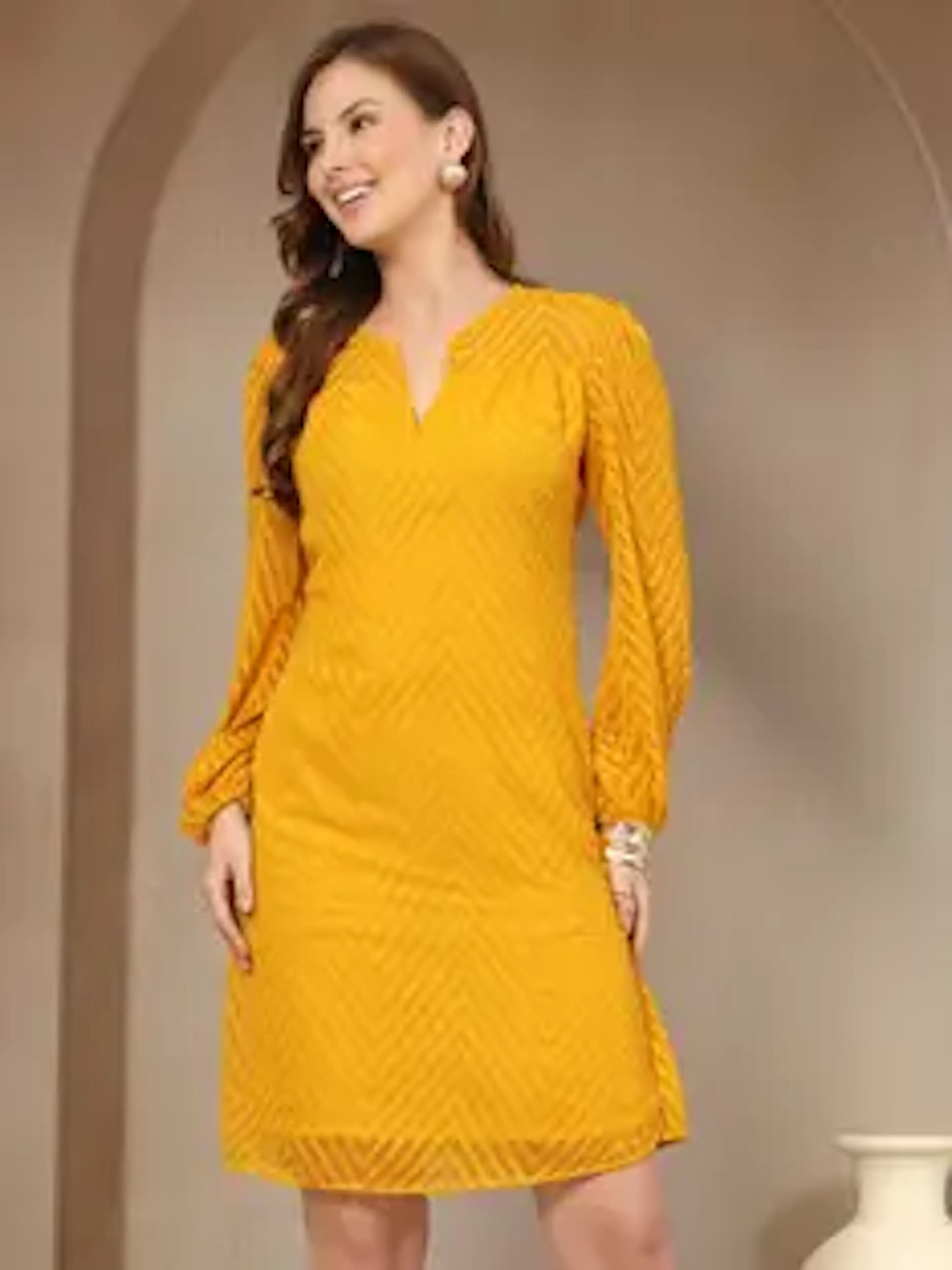 Vastraa Fusion Women A-line Yellow Knee Length Dress