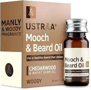 UstraaWoody Mooch and Beard Oil - 35ml - Shine, Nourishment & Pleasant Fragrance for beard | No Paraben | Cedar Wood Essential Oil & Wheat Germ Oil rich in Vitamin E Beard Oil