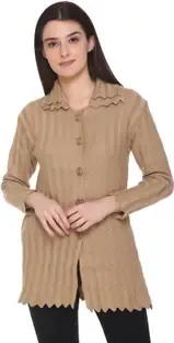 Ozarro Self Design Collared Neck Casual Women Beige Sweater