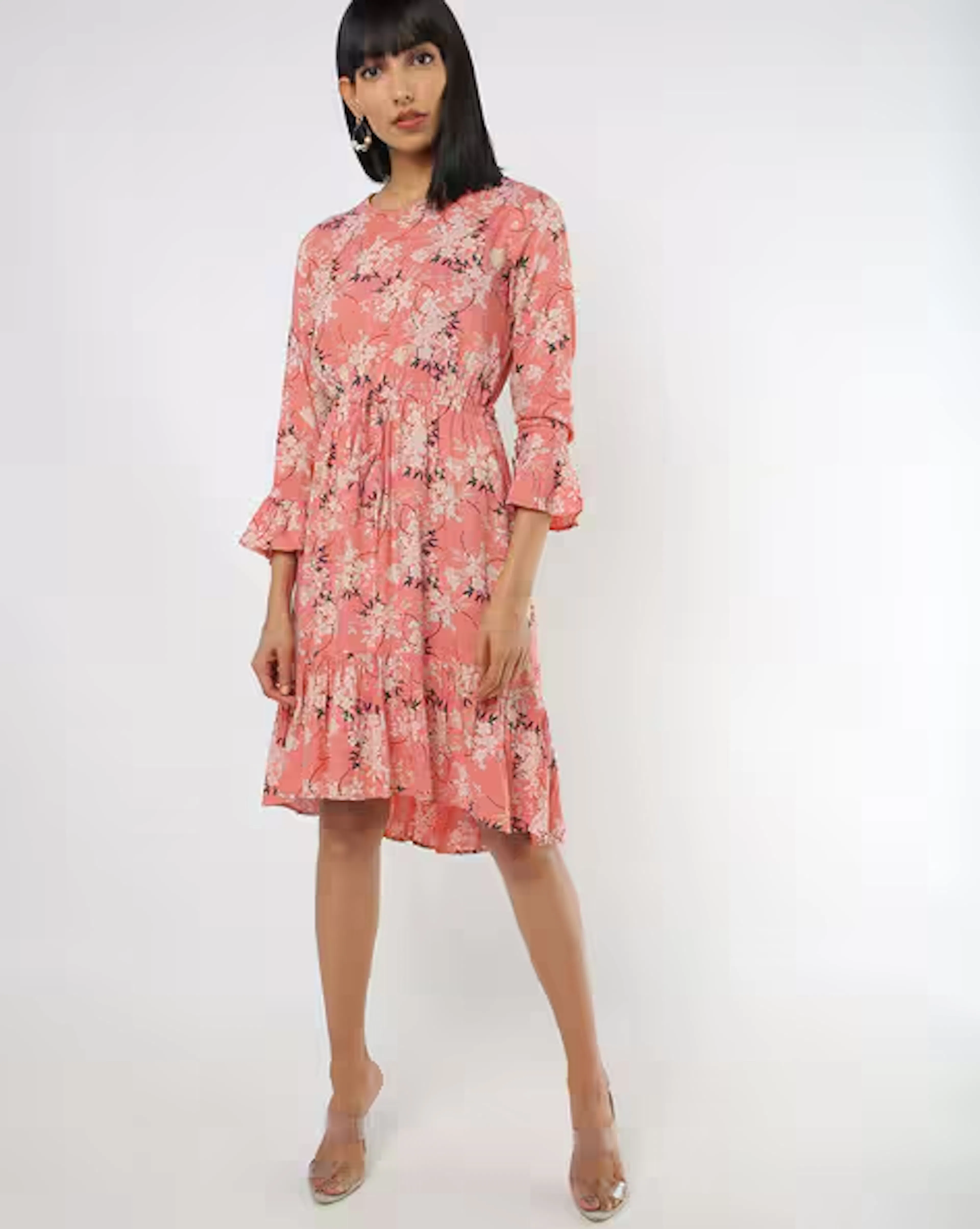 Floral Print A-line Dress with Drawstring Waist