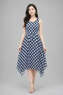 Harsii Collection Women Fit and Flare Blue, White Knee Length Dress