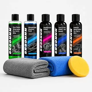 GROOMMM Shampoo, Windshield Washer, Tyre & Trim Gel, Car &Bike Polish, Dashboard Polish Car Care Kit(100ml x5)|Car Polish Sponge & Microfiber Cloth (300/600GSM)|Interior & Exterior Car Cleaning Kit