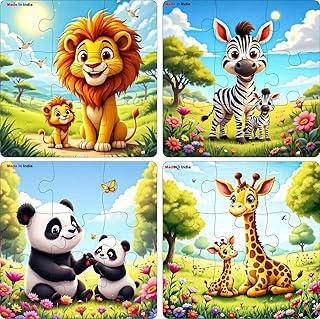 Fiddlys Single Layered Wooden Jigsaw Puzzle Games for Children & Kids -9 Pieces Age 2 3 4 5 6 Year Old Years Old Girls & Boys Animals Jigsaw Puzzle (Pack of 4 Wild Animal)