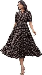 LABEL ADRIJAPure Cotton Calf Length Midi Dress for Women Floral Print | Flared Anarkali Dress Puff Sleeves