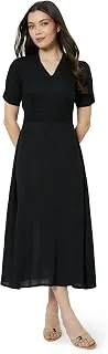 Amazon Brand - SymbolWomen's V-Neck Midi Dress | Ruched Waist, Puff Sleeves, A-Line Flared (Available in Plus Sizes)
