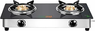 GREENCHEF Popular Glass cook top 2 Burner Gas stove,Stainless Steel Body, Compatible with LPG, two burners Spill proof trays, Toughened 6MM glass, Backlite Knobs (Manual Ignition)