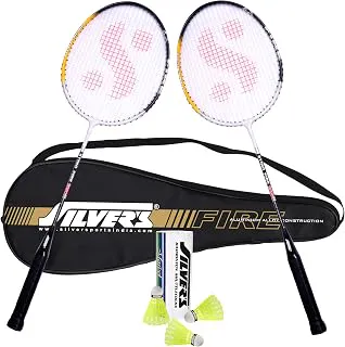 Silver's Aluminium Fire Badminton Kit (2 Racquets with Full Cover, 1 Box Shuttlecock Pack of 3) Black, Aluminium, FIRE Combo 2 with Nylon Shuttle, Black/White