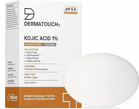 DERMATOUCH Kojic Acid 1% Soap with Glutathione & Alpha Arbutin | Skin Brightening & Tan Removal Soap for Dark Spots, Pigmentation & Sun Damage | pH 5.5 Syndet Bar | Dermatologist Tested | Men & Women | 75g