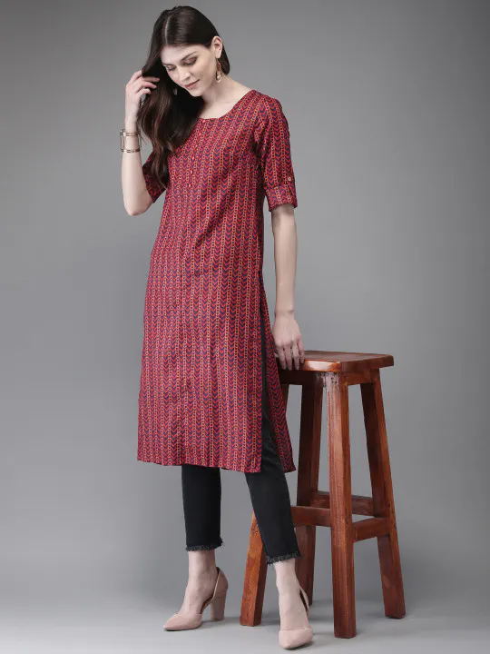 Anouk Women Red & Blue Printed Straight Kurta