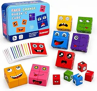 PLUSPOINT Wooden Emoji Face Changing Cube Puzzle Game Expressions Matching Block Puzzles Building Logical Educational Training Toys 16 Face Blocks & 72 Playing Cards Birthday Gift for Kids Boys Girls