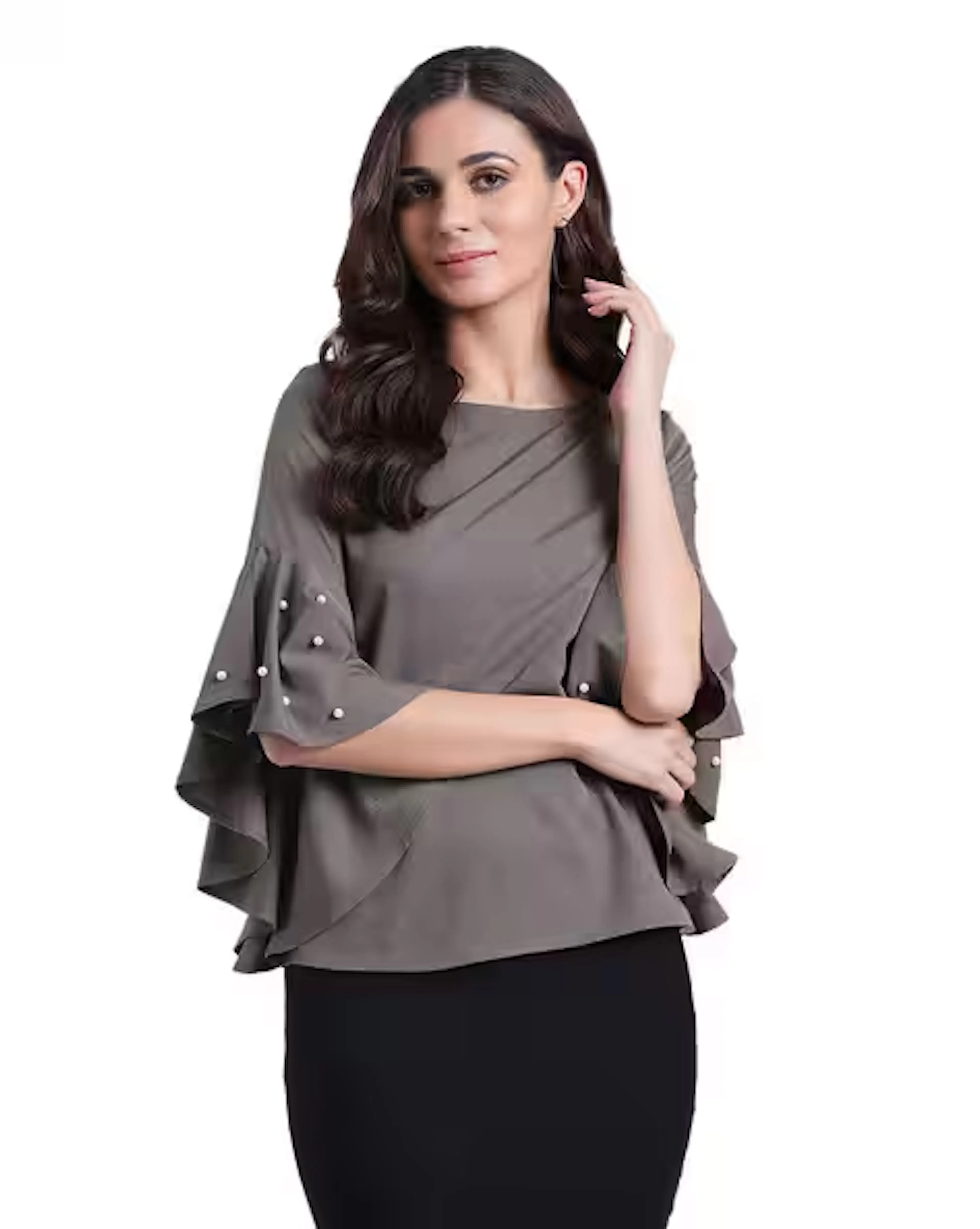 Flounce Sleeves Top with Applique Detail