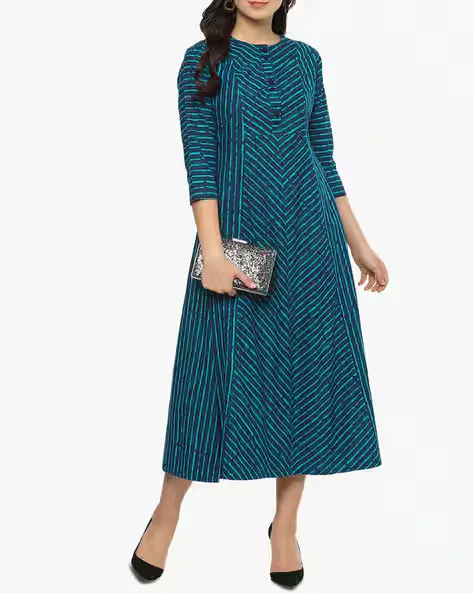 Striped Flared Kurta with Button Placket